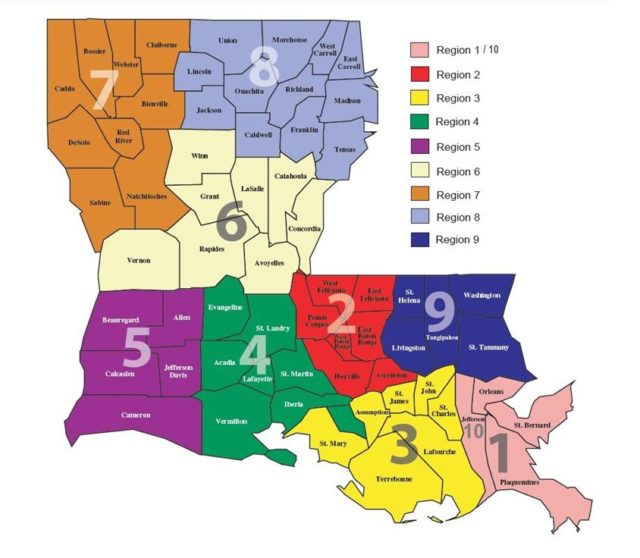 Map of Louisiana broken down into 10 Families Helping Families regions.